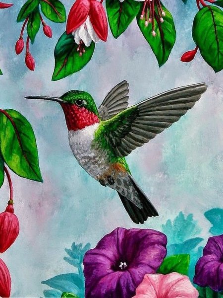 Живопись птицы с яркими цветами