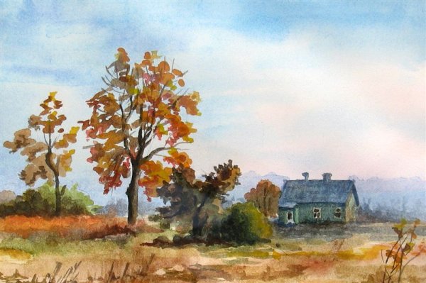 Осеннее утро акварель