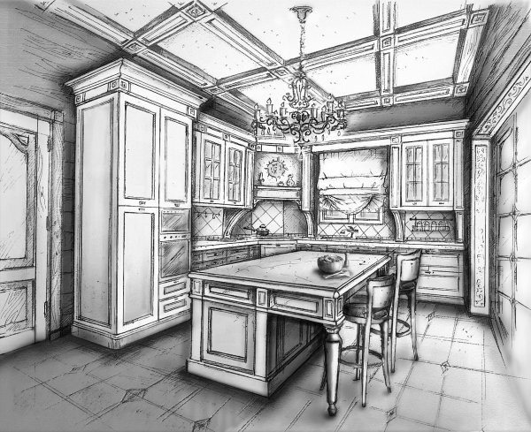 Эскиз интерьера кухни