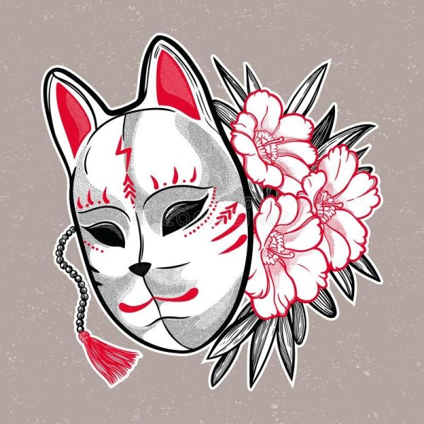 Эскиз тату маска Кицунэ контур