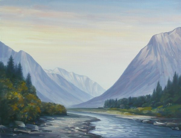 Живопись Горная река в горах Кавказа