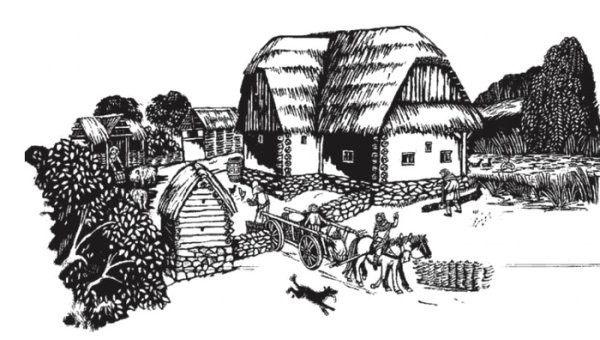 Средневековая деревня карандашный набросок мельница кузница