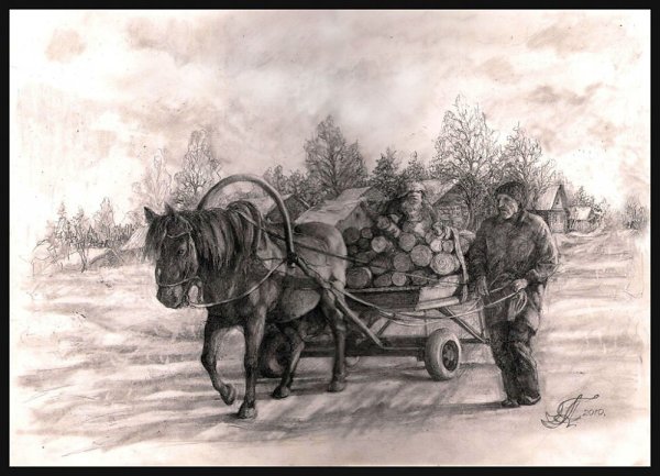 Лошадь и телега с дровами