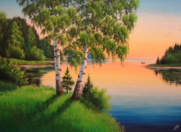 Пейзаж с березами гуашью