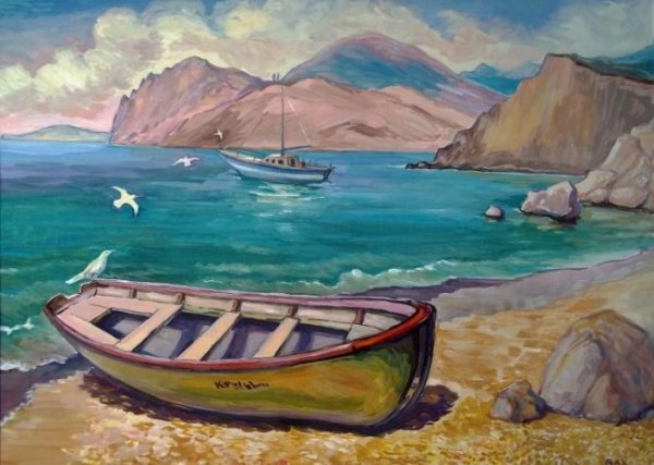 Пейзаж моря гуашью