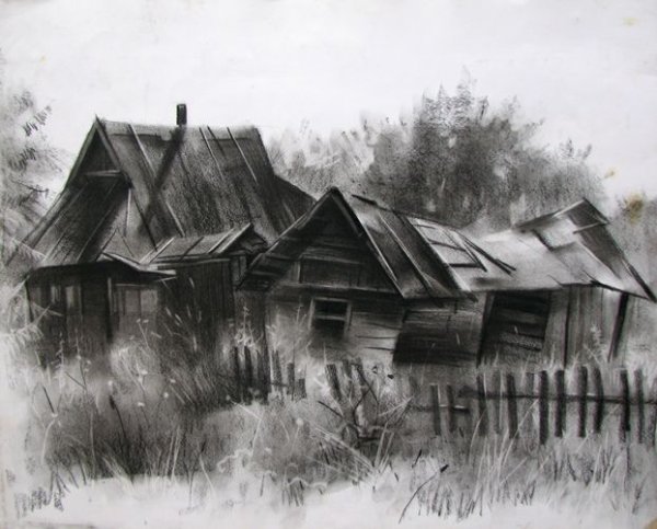 Деревенский пейзаж в графике