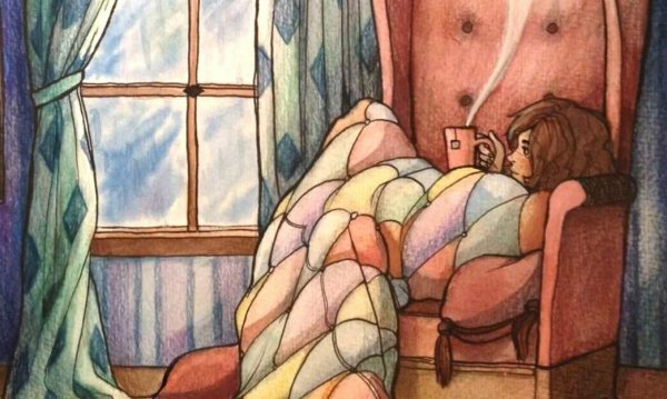 Человек в пледе с чаем