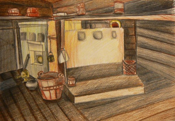 Эскиз интерьера русской избы