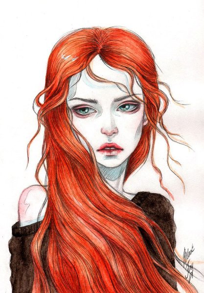Рыжая девушка акварель