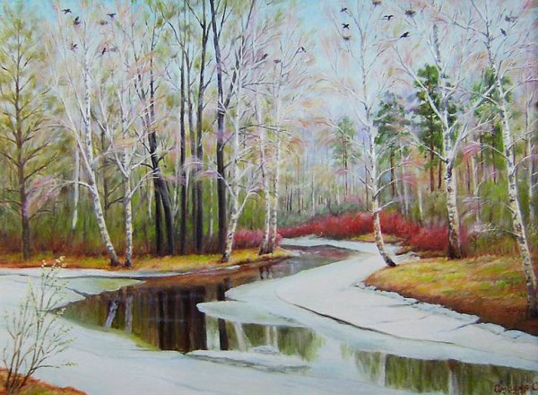 Весенний пейзаж цветными карандашами