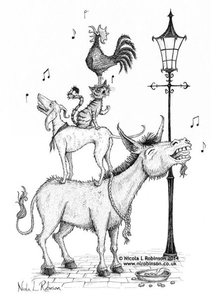 Раскраски к сказке Бременские музыканты братьев Гримм