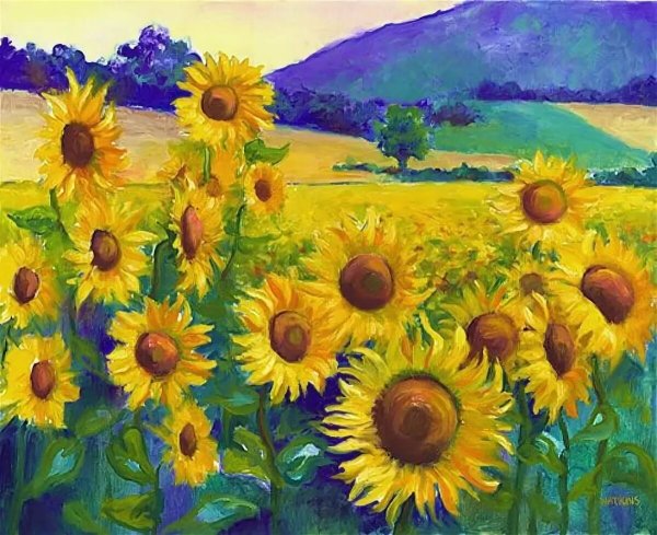 Поле подсолнухов гуашью