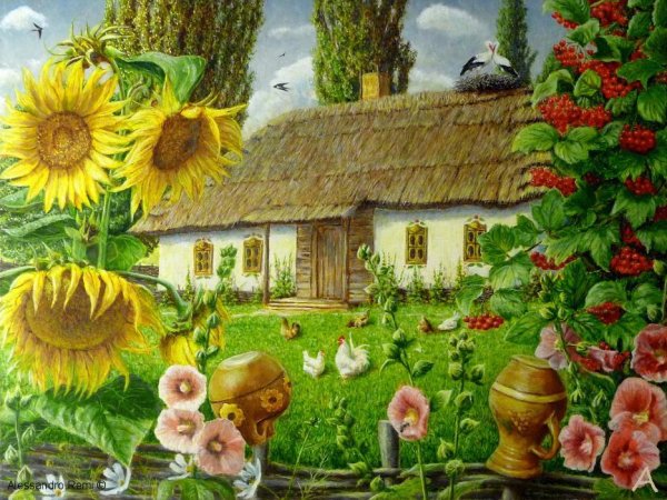 Иллюстрация,украинская хата,Мальва,деревня