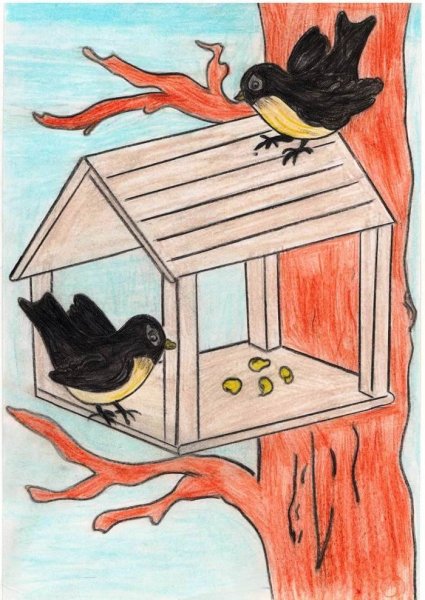 Рисование птицы на кормушке