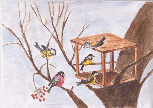 Рисование птицы на кормушке