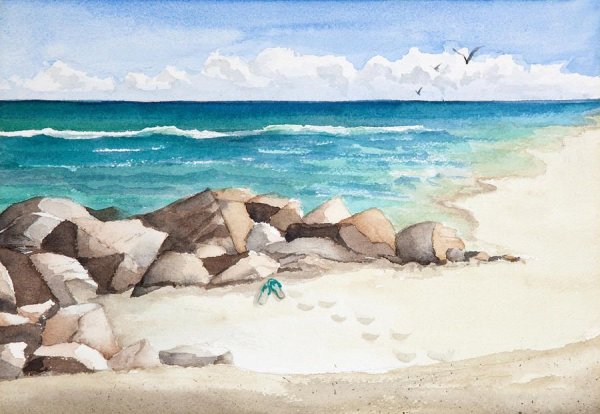 Морское побережье акварель