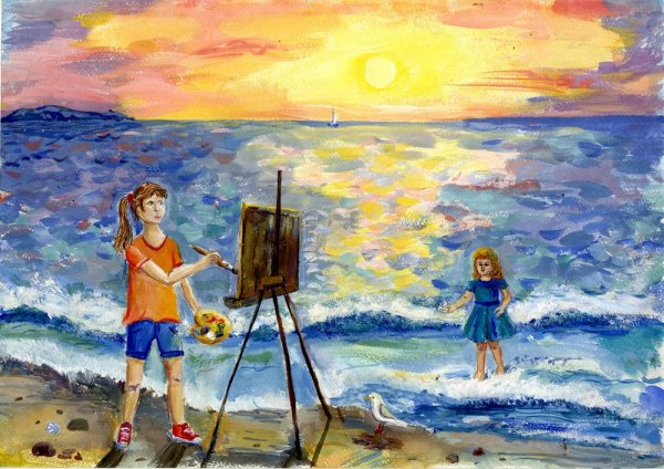 Летний пейзаж цветными карандашами