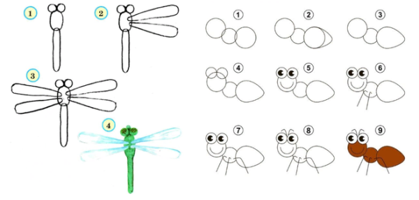 Поэтапное рисование насекомых