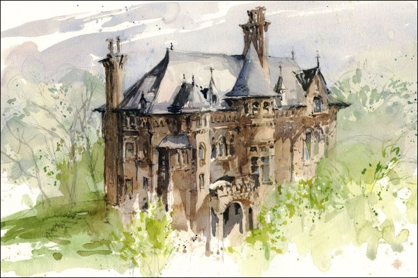Экуанский замок, Франция акварель