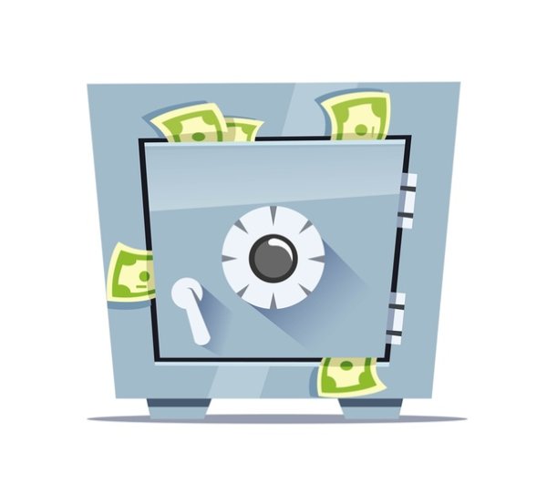 Сейф с деньгами на белом фоне