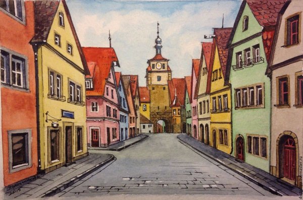 Городской пейзаж цветными карандашами