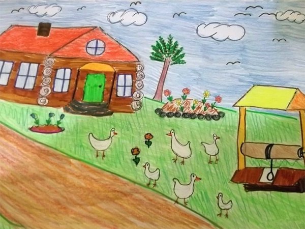 Детский рисунок домик в деревне