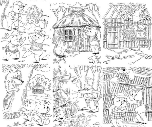 Три поросенка раскраска для малышей