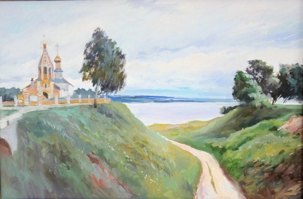 Пейзаж Волги акварелью