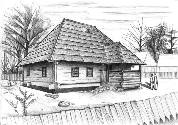 Деревня рисунок карандашом