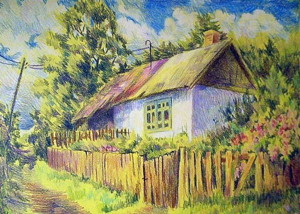 Сельский пейзаж цветными карандашами
