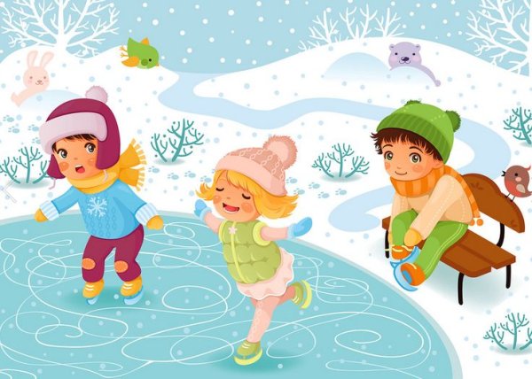Зима дети катаются на коньках