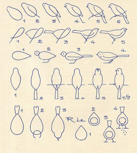 Простейшие схемы рисования птиц