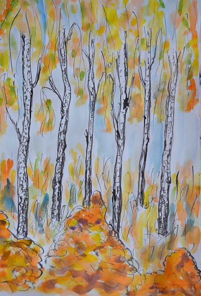 Береза осенью акварелью