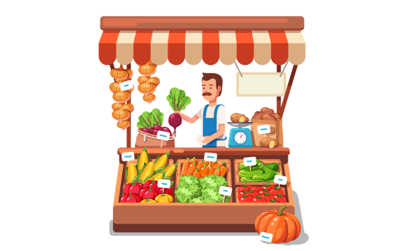 Дети на рынке на прилавком