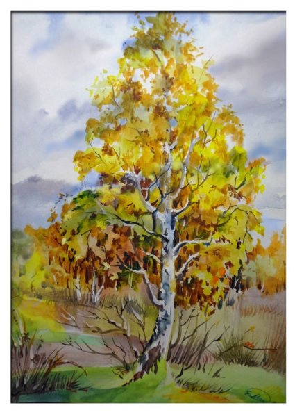 Осеннее дерево акварелью