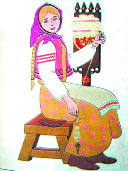 Девочка прядет на прялке