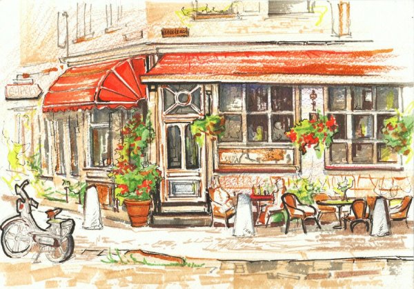 Франция кафе скетчи акварелью