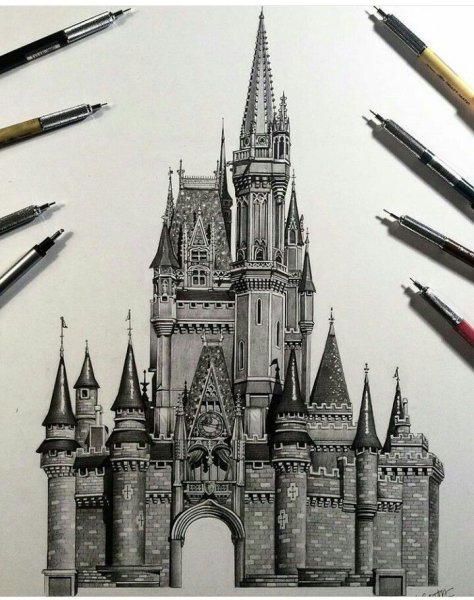 Готический замок карандашом