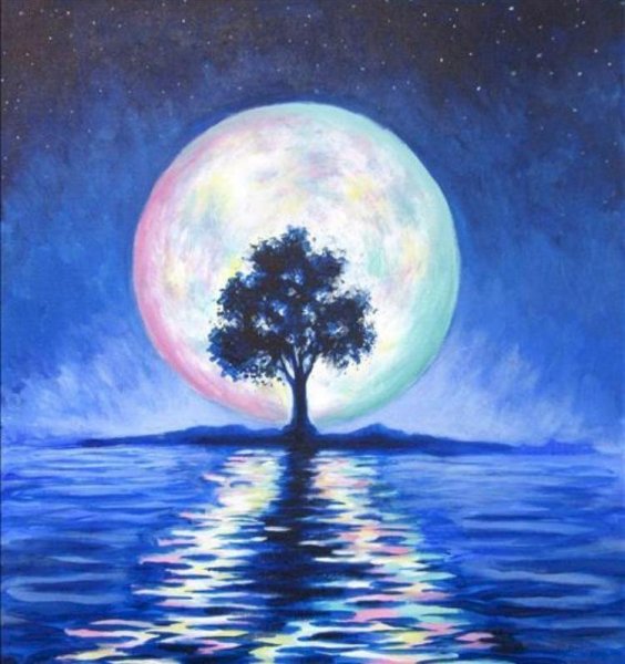 Луна над озером живопись