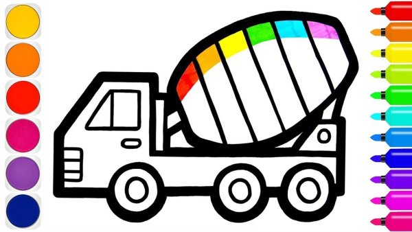 Поэтапное рисование бетономешалка дети