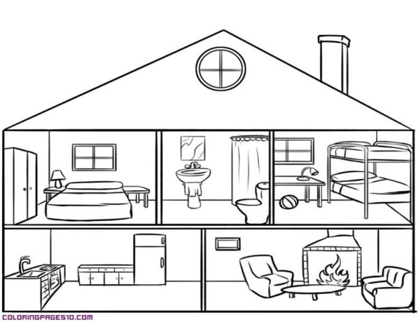 Раскраска домик с комнатами