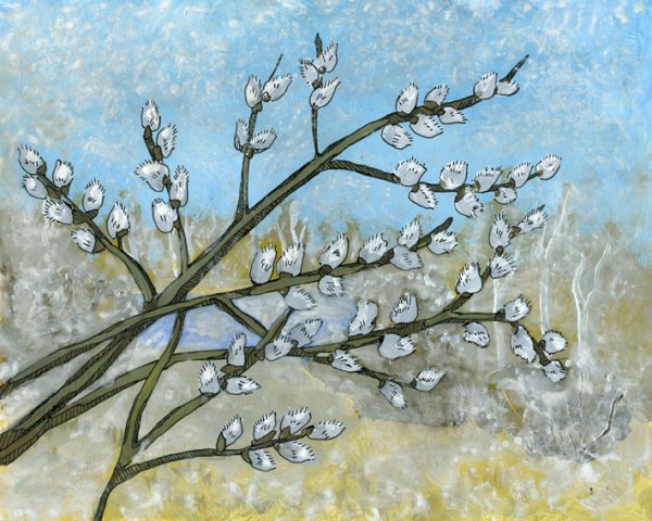 Ваза с вербой рисование