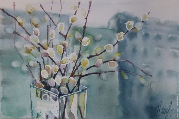 Ветка вербы акварель