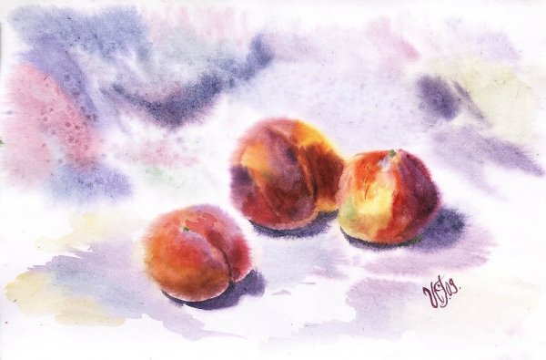 Персик нарисованный акварелью