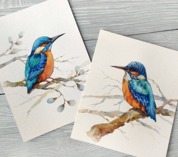 Зимородок в полёте акварель