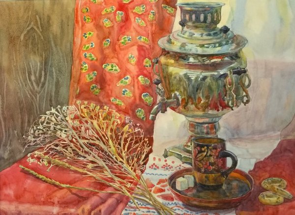 Натюрморт с самоваром живопись акварелью