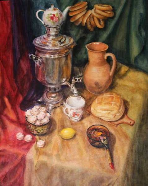 Натюрморт с посудой акварелью