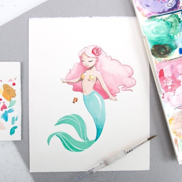 Русалка акварель