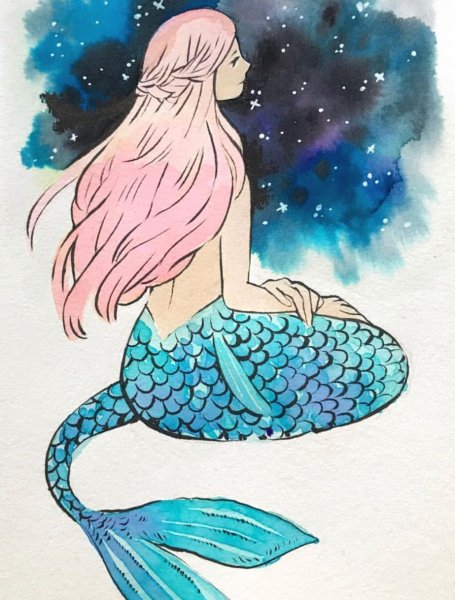 Русалка рисунок акварелью