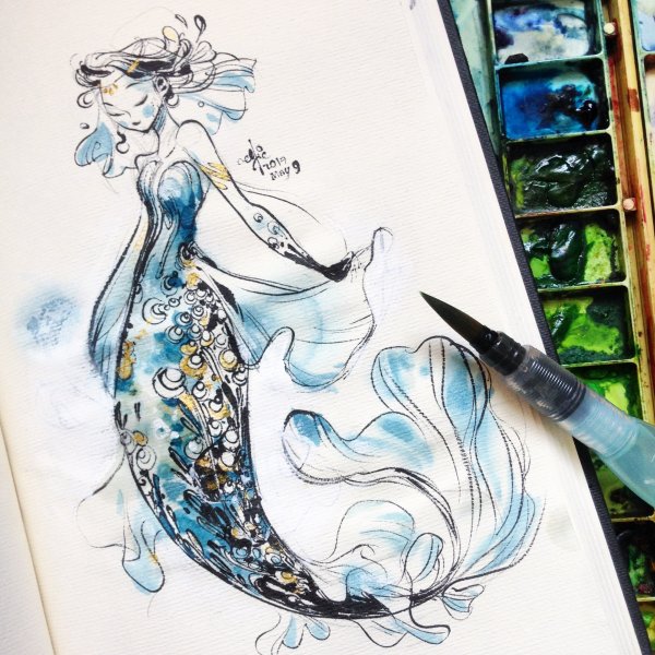 Русалка рисунок акварелью